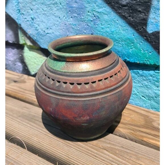 John Melkonian Raku Studio Pottery Vase Incised Triangle Design Signed 2010 EUC - Picture 2 of 16